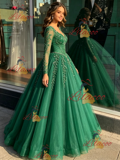 Green Tulle V-neck Long Sleeve Quinceanera Dress
