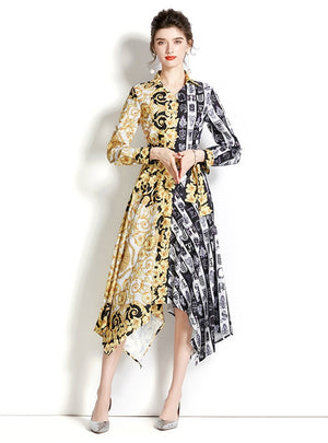 Retro Long Sleeve Color Printed Irregular Dress