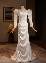 White Mermaid Satin Long Sleeve Wedding Dress