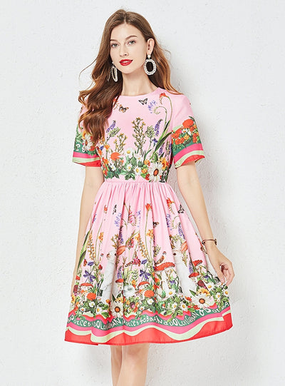 Slim-fit Mid-length Short-sleeved Printed Dress