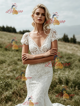 White Mermaid Lace V-neck Wedding Dress