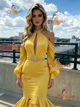 Yellow Mermaid Halter Long Sleeve Prom Dress