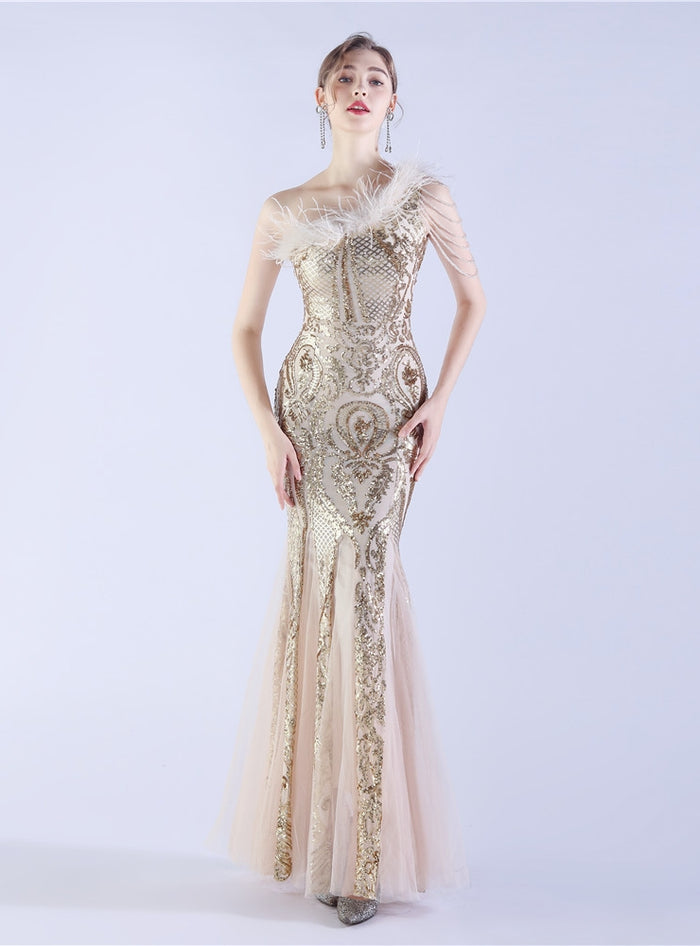 Mermaid Sequins One Shoulder Beading Prom Dress