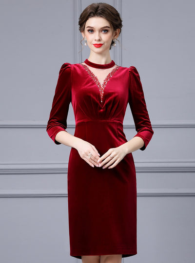 Beading Velvet Long Sleeve Mother Of The Bride Dress