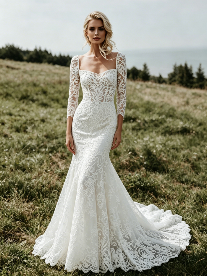 White Mermaid Lace 3/4 Sleeve Wedding Dress