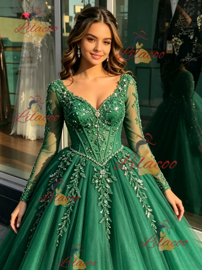 Green Tulle V-neck Long Sleeve Quinceanera Dress
