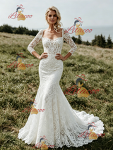 White Mermaid Lace 3/4 Sleeve Wedding Dress