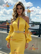 Yellow Mermaid Halter Long Sleeve Prom Dress