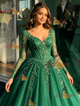 Green Tulle V-neck Long Sleeve Quinceanera Dress