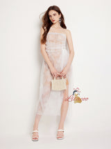 Lace Sequins Stitching Pleated Mesh Slit Dress