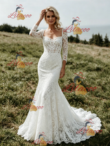 White Mermaid Lace 3/4 Sleeve Wedding Dress