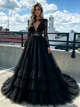 Black Tulle Lace Long Sleeve Prom Dress