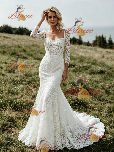 White Mermaid Lace 3/4 Sleeve Wedding Dress