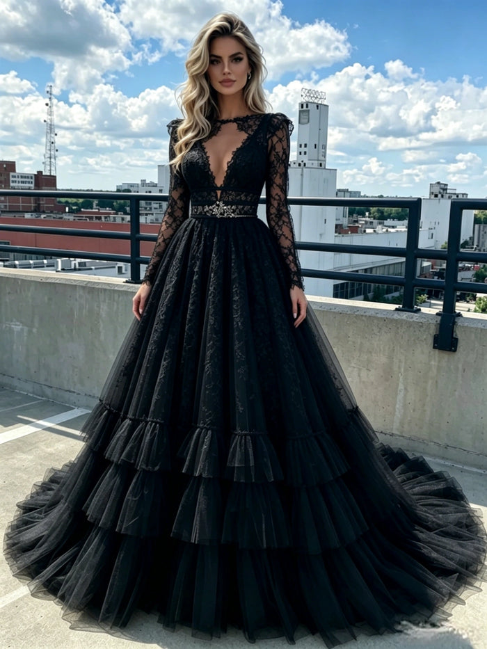 Black Tulle Lace Long Sleeve Prom Dress