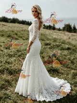 White Mermaid Lace 3/4 Sleeve Wedding Dress
