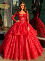 Red Tulle Long Sleeve Beading Quinceanera Dress