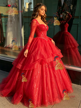 Red Tulle Long Sleeve Beading Quinceanera Dress