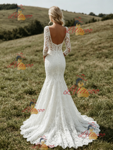 White Mermaid Lace 3/4 Sleeve Wedding Dress
