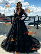 Black Tulle Lace Long Sleeve Prom Dress