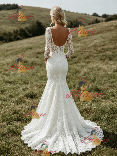 White Mermaid Lace 3/4 Sleeve Wedding Dress