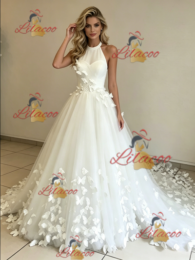 White Tulle Halter Butterfly Wedding Dress