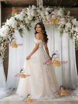 Beige White Lace Off the Shoulder Appliques Wedding Dress