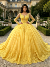 Yellow Tulle Appliques Long Sleeve Quinceanera Dress