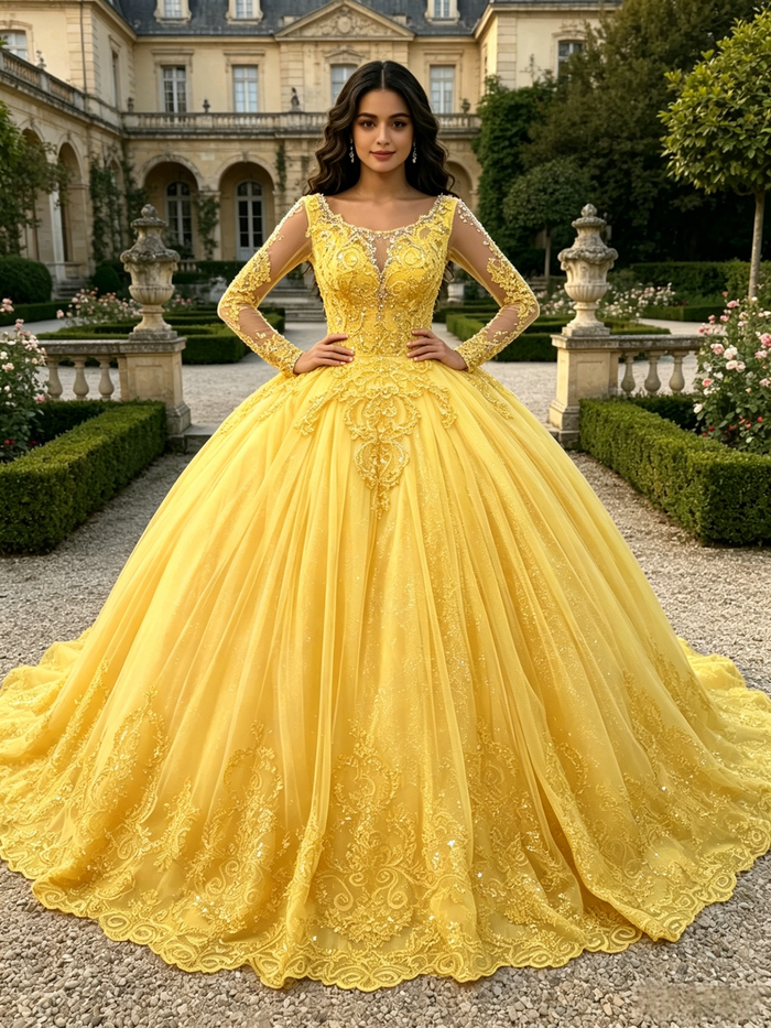 Yellow Tulle Appliques Long Sleeve Quinceanera Dress
