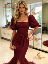 Burgundy Mermaid Tulle Puff Sleeve Prom Dress