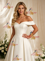 Beige White Satin Off the Shoulder Wedding Dress
