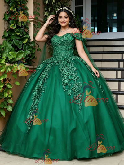 Green Tulle Off the Shoulder Appliques Quinceanera Dress