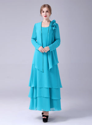 Blue Chiffon Mother Of The Bride Dress With Coat