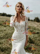 White Mermaid Lace 3/4 Sleeve Wedding Dress