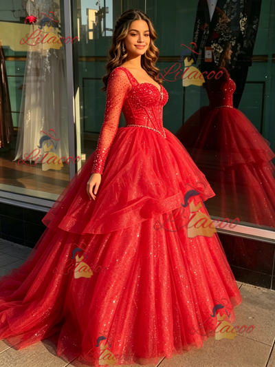 Red Tulle Long Sleeve Beading Quinceanera Dress