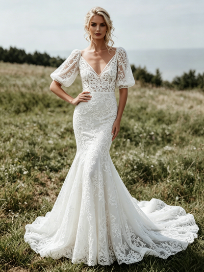 White Mermaid V-neck Puff Sleeve Wedding Dress