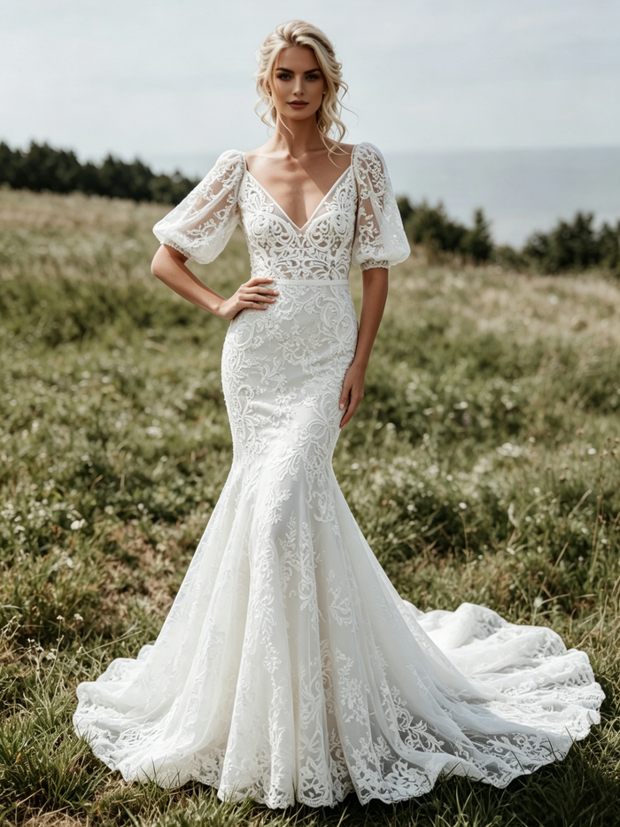 White Mermaid V-neck Puff Sleeve Wedding Dress