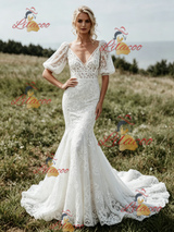 White Mermaid V-neck Puff Sleeve Wedding Dress