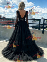 Black Tulle Lace Long Sleeve Prom Dress