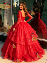Red Tulle Long Sleeve Beading Quinceanera Dress