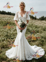 White Mermaid V-neck Puff Sleeve Wedding Dress