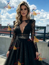 Black Tulle Lace Long Sleeve Prom Dress