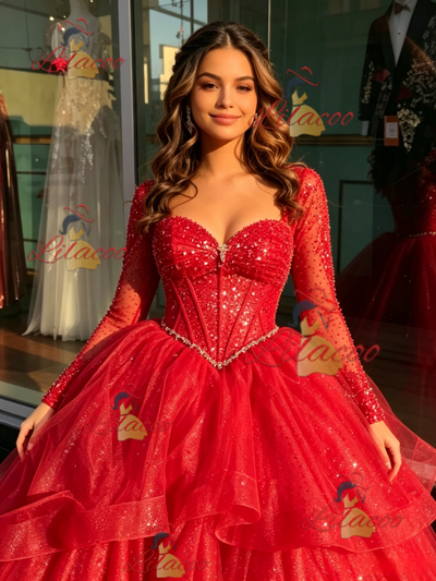 Red Tulle Long Sleeve Beading Quinceanera Dress