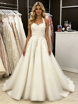 White Tulle Halter Appliques Wedding Dress