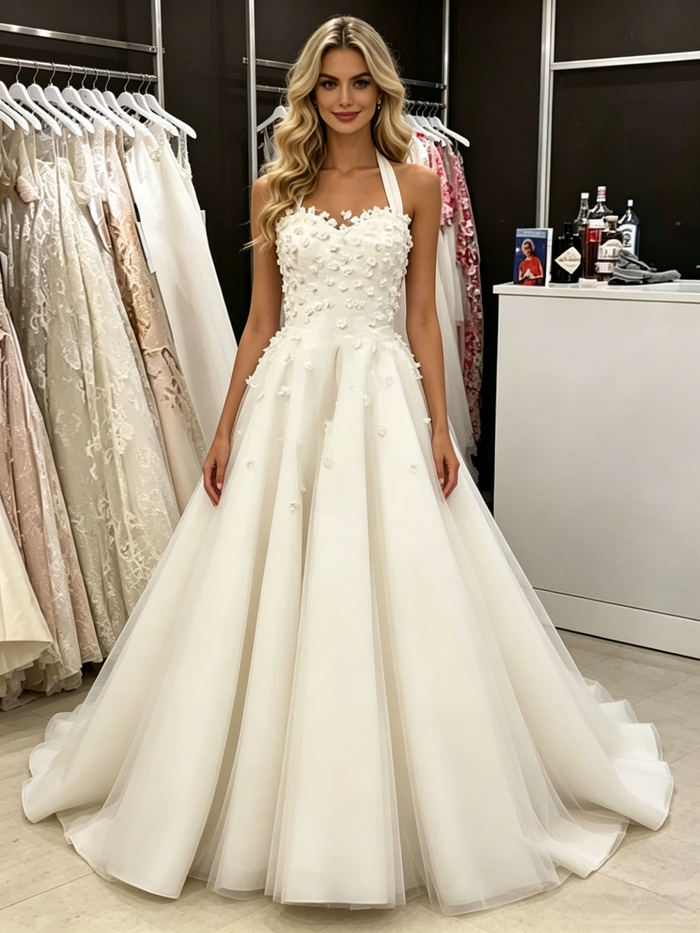 White Tulle Halter Appliques Wedding Dress