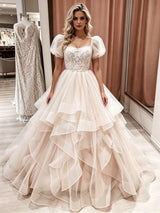 Champagne Tulle Puff Sleeve Lace Wedding Dress