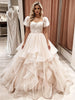 Champagne Tulle Puff Sleeve Lace Wedding Dress