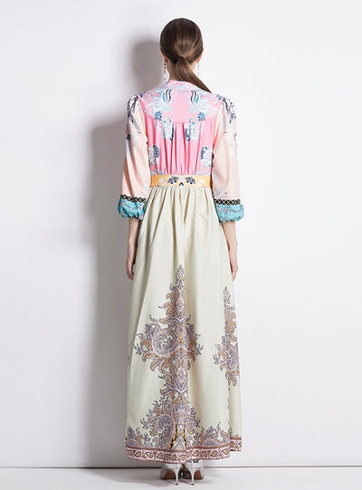 V-neck Lantern Sleeve Slim Printed Dress