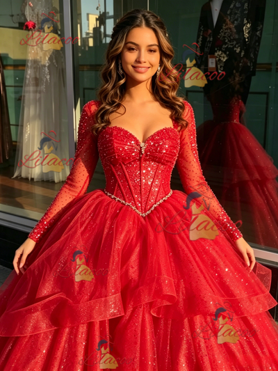Red Tulle Long Sleeve Beading Quinceanera Dress