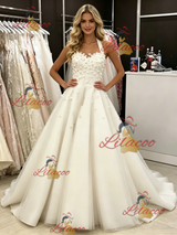 White Tulle Halter Appliques Wedding Dress