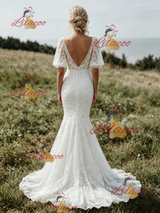 White Mermaid V-neck Puff Sleeve Wedding Dress
